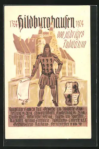 AK Hildburghausen, 600 jähriges Jubiläum 1924, Ritter vor Stadt mit Wappen