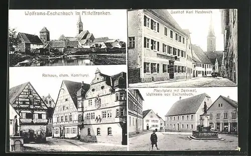 AK Wolframs-Eschenbach in Mittelfranken, Gasthof Karl Heubusch, Marktplatz mit Denkmal Wolframs von Eschenbach, Rathaus