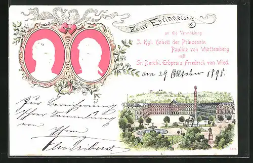 Lithographie Stuttgart, Erinnerung an die Vermählung Prinzessin Pauline von Württemberg mit Erbprinz Friedrich von Wied