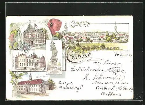 Lithographie Corbach, Kaiserliches Postamt, Gymnasium, Wittgensteinches Alterversorgungs-Anstalt, Krieger Denkmal