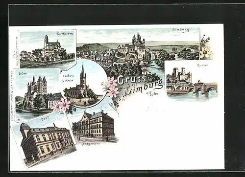 Lithographie Limburg a. Lahn, Landgericht, Post, Dom, Dietkirchen, Runkel, Ev. Kirche