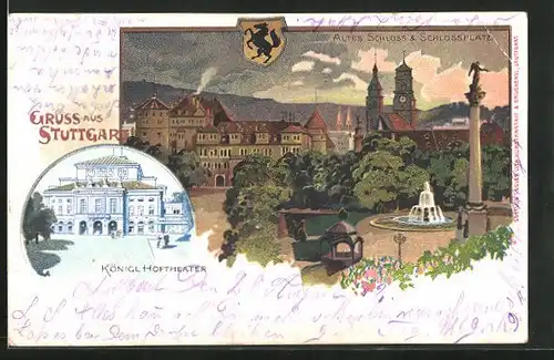 Lithographie Stuttgart, Königliches Hoftheater, Altes Schloss und Schlossplatz