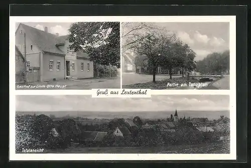 AK Leutenthal, Gasthof zur Linde Otto Haupt, Partie am Tanzplan, Totalansicht des Ortes