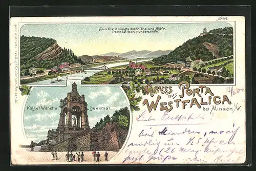 Lithographie Porta Westfalica /Minden, Kaiser Wilhelm Denkmal, Ortsansicht