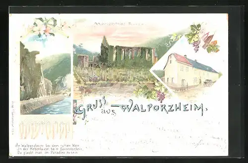 Lithographie Walporzheim, Flusspartie mit Berglandschaft, Marienthal Ruine, St. Peter