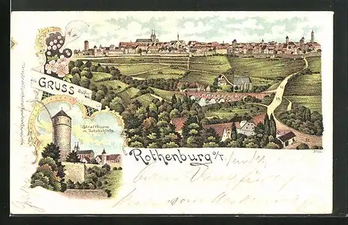 Lithographie Rothenburg, Strafthurm m. Jakobskirche, Ortsansicht