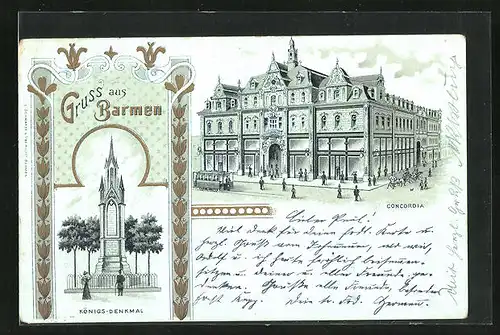 Lithographie Barmen, Königs-Denkmal, Concordia mit Strassenbahn