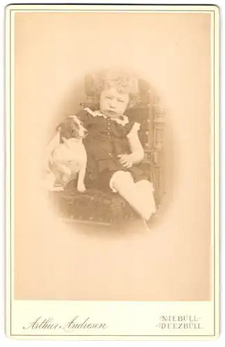 Fotografie Arthur Andresen, Niebüll, Portrait niedliches Mädchen im Kleid mit Hund auf einem Stuhl