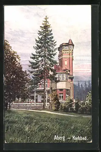 AK Karlsbad, Gasthaus mit Aussichtsturm auf dem Aberg