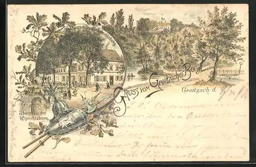 Lithographie Groitzsch, Restaurant zru Wiprechtsburg, Überreste der Wiprechtsburg, Groitzscher Berg