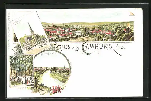 Lithographie Camburg a. S., Gasthaus Ratskeller, Saalepartie, Cyriaskirche