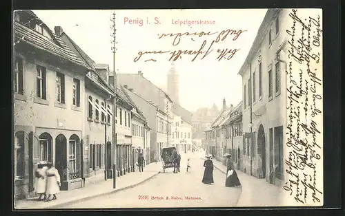 AK Penig i. S., Leipzigerstrasse mit Geschäften und Pferdewagen