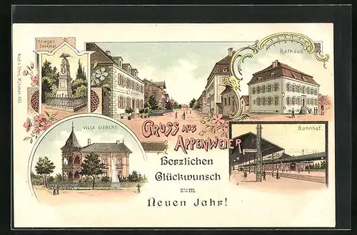 Lithographie Appenweier, Rathaus, Bahnhof, Villa Siebert