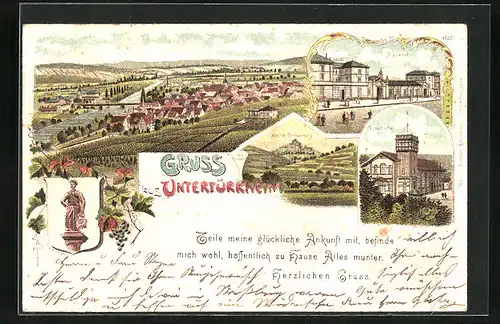 Lithographie Untertürkheim, Totalansicht, Bahnhof, Turnhalle
