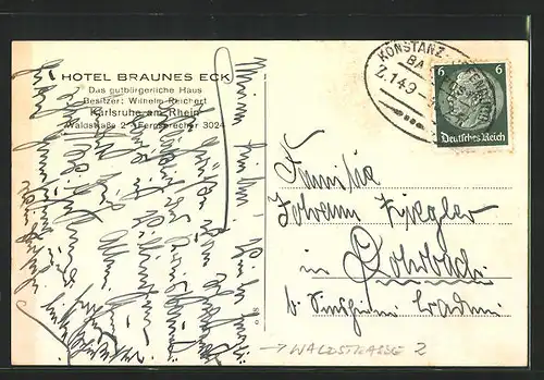 AK Karlsruhe, Hotel-Restaurant-Braunes Eck, Waldstrasse 2