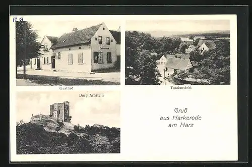 AK Harkerode /Harz, Gasthof zur guten Quelle, Burg Arnstein, Totalansicht