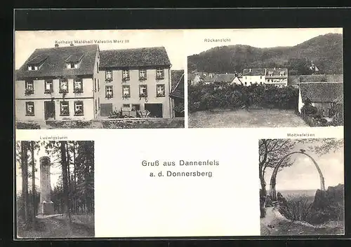 AK Dannenfels /Donnersberg, Kurhotel Waldheil, Moltkefelsen, Ludwigsturm