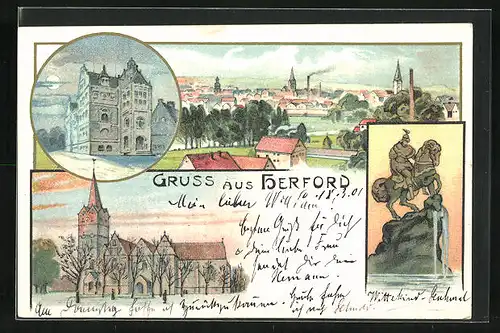 Lithographie Herford, Kirche im Frühjahr, Gebäude bei Nacht, Panorama