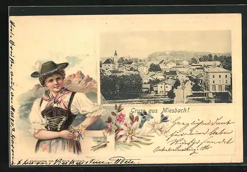 Passepartout-Lithographie Miesbach, Ortspartie mit Kirche, Frau in Tracht