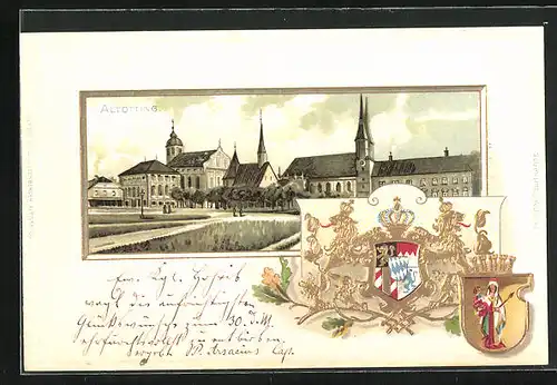 Passepartout-Lithographie Altötting, Ortspartie mit Kirchen, Wappen