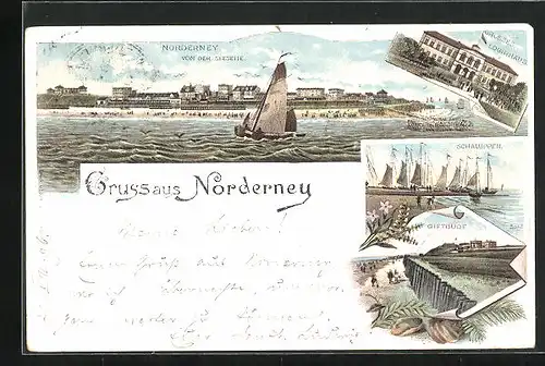 Lithographie Norderney, Gasthaus Giftbude, Grosses Logirhaus, Schaluppen