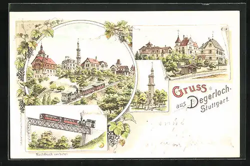 Lithographie Stuttgart-Degerloch, Ortspartie mit Bergbahn, Turm