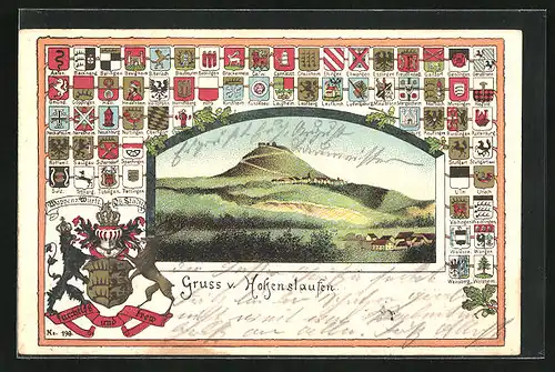 Passepartout-Lithographie Hohenstaufen, Ortspartie, Wappen von Brackenheim, Crailshaim & Ehingen