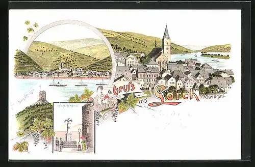 Lithographie Lorch i /Rheingau, Teilansicht, Burg Nolfingen, Kriegerdenkmal