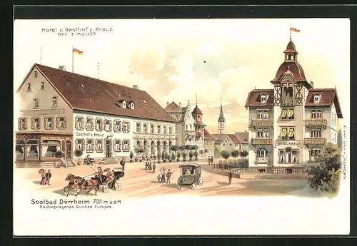 Lithographie Dürrheim, Hotel und Gasthof zum Kreuz und Pferdewagen