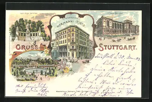 Lithographie Stuttgart, Warenhaus Hermann Tietz, Karl-Olga-Denkmal, Wilhelma