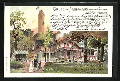 Lithographie Stuttgart, Gasthaus Jägerhaus mit Aussichtsturm