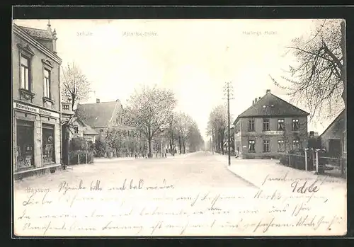 AK Bassum, Strassenpartie mit Harlings Hotel Schule und Waterloo-Eiche