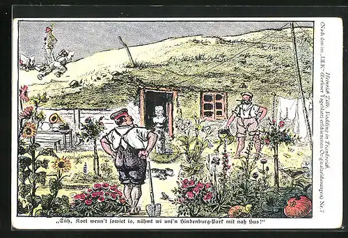 Künstler-AK Heinrich Zille: Vadding in Frankreich, Süh Korl wenn`t sowiet is..., Soldat im Garten
