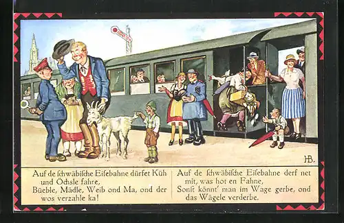Künstler-AK Hans Boettcher: Schwäbische Eisenbahn, Menschen warten auf die Abfahrt des Zuges