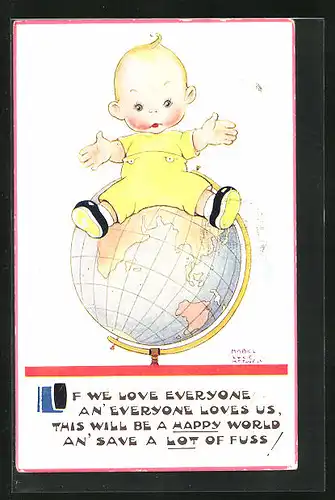 Künstler-AK Mabel Lucie Attwell: If we love everyone an`everyone loves us ..., Kind mit der Weisheit des Tages