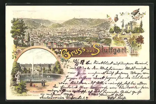 Lithographie Stuttgart, Ortsansicht mit K. Residenzschloss und Eugensbrunnen