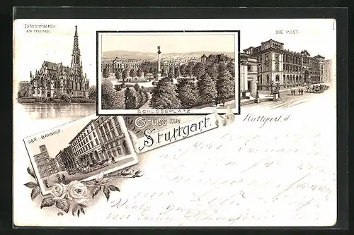 Lithographie Stuttgart, Bahnhof, Post, Schlossplatz