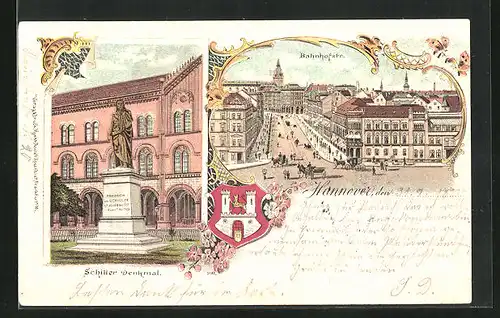 Lithographie Hannover, Bahnhofstrasse mit Geschäften, Schiller-Denkmal