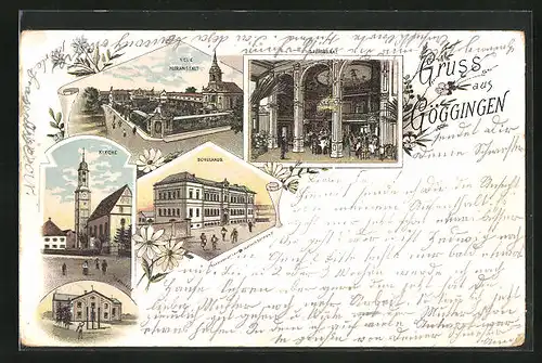 Lithographie Göggingen, Neue Kuranstalt, Kirche, Schulhaus