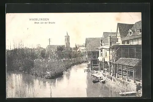 AK Waiblingen, Blick von der Brücke über Fluss hinweg zur Kirche