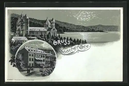 Mondschein-Lithographie Glees, Laacher See mit Hotel Maria-Laach und Schloss