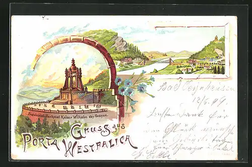 Lithographie Porta Westfalica, Provinzial-Denkmal Kaiser Wilhelm des Grossen, Ortsansicht mit Brücke