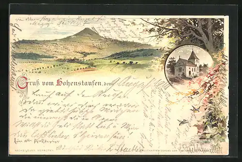 Lithographie Hohenstaufen, Barbarossa Kirchlein, Blick auf Berg