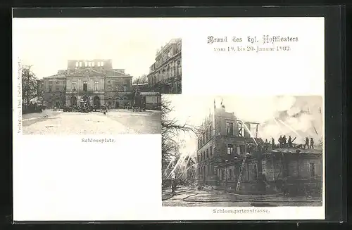 AK Stuttgart, Feuerwehr löscht brennendes Hoftheater 1902