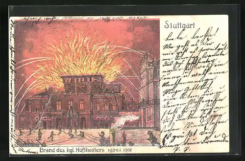 Künstler-AK Stuttgart, Flammen auf dem kgl. Hoftheater 1902