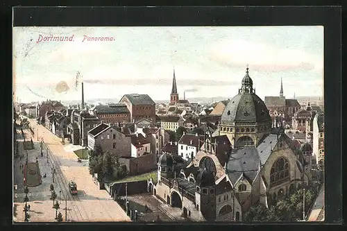 AK Dortmund, Panorama der Stadt mit Synagoge und Strassenbahn