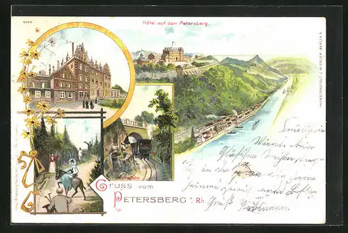 Lithographie Petersberg /Rh., Hotel auf Berg, Zentralbahn, Frau auf Pferd