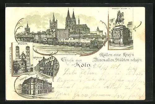 Lithographie Köln, Friedrich Wilhelm Statue, Theater, Blick auf Kirche