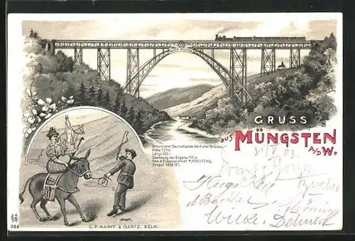 Lithographie Müngsten /W., Kaiser Wilhelm Brücke mit Eisenbahn, Frau auf Esel
