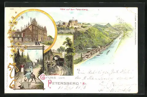 Lithographie Petersberg, Zentralbahn, Hotel, Flusspartie